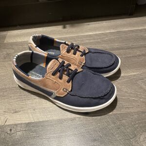Skechers Go Walk Lite Boat Shoes Navy Tan Suede Canvas Women's Size 8